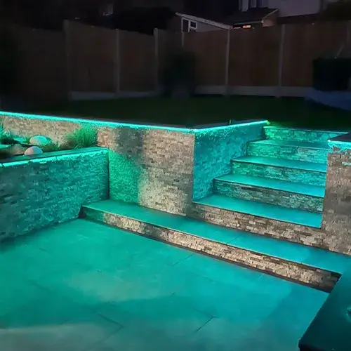 zoom in on steps outside with blue lighting